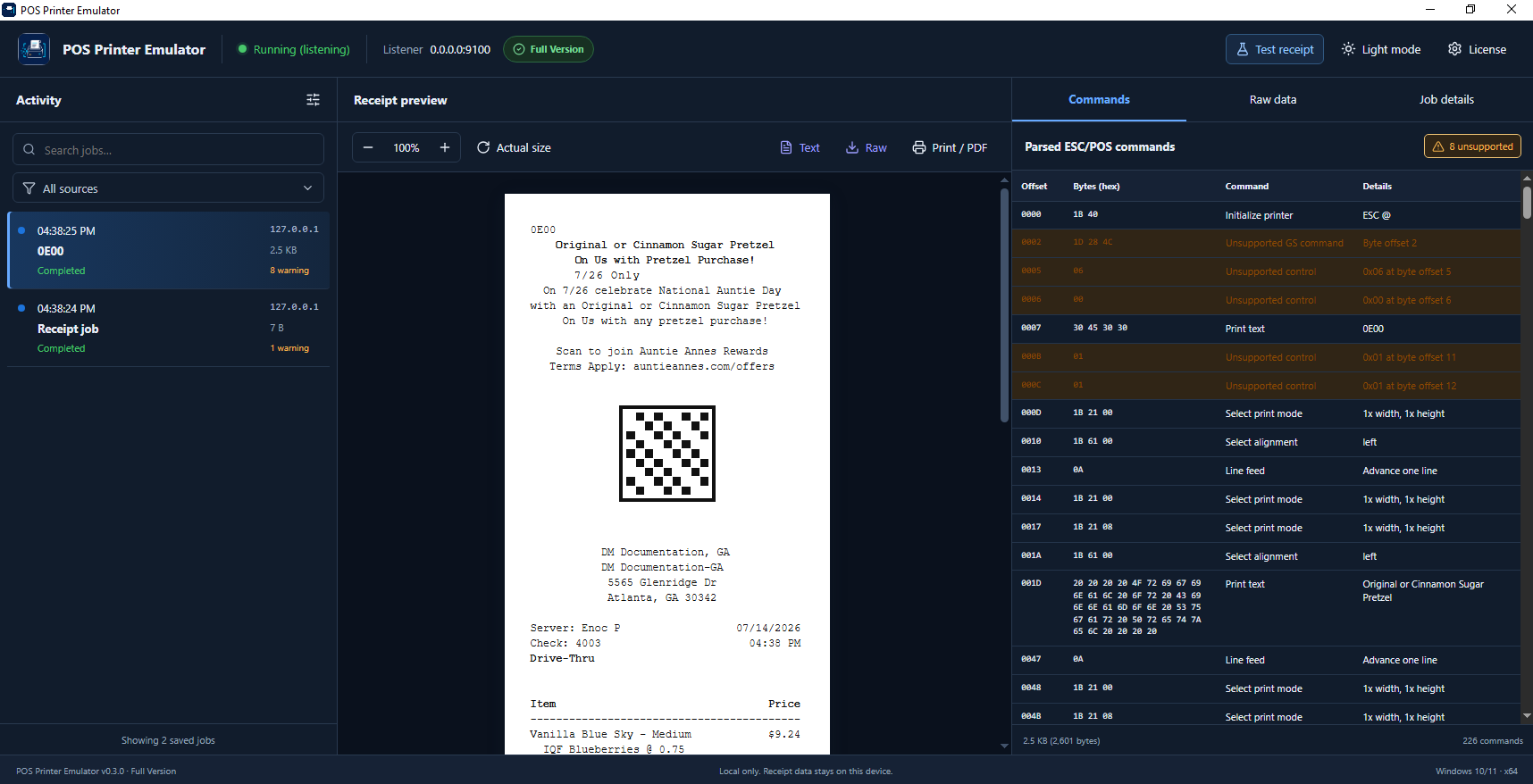 POS Printer Emulator showing a receipt preview and parsed ESC/POS commands
