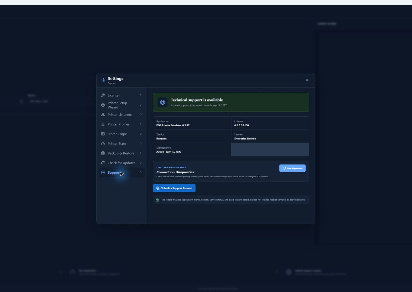 Support request privacy review showing masked information before consent in dark mode